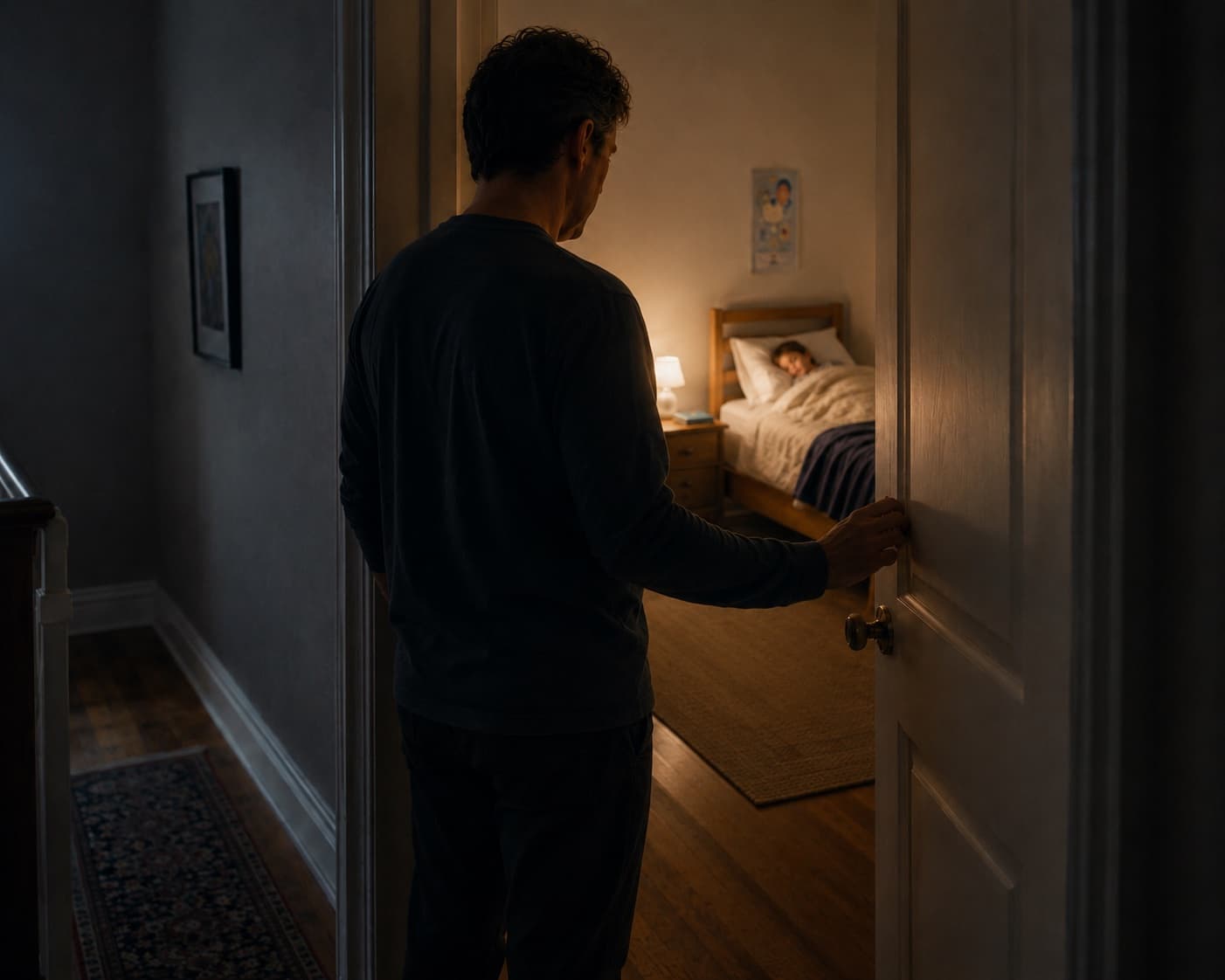A parent standing in a doorway at night, checking on a young child asleep in bed.
