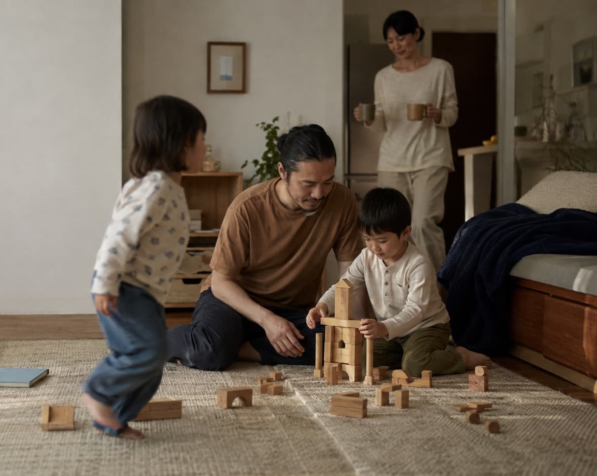 A father and two young children playing with wooden blocks on the living room floor while a mother looks on from the doorway holding two mugs.
