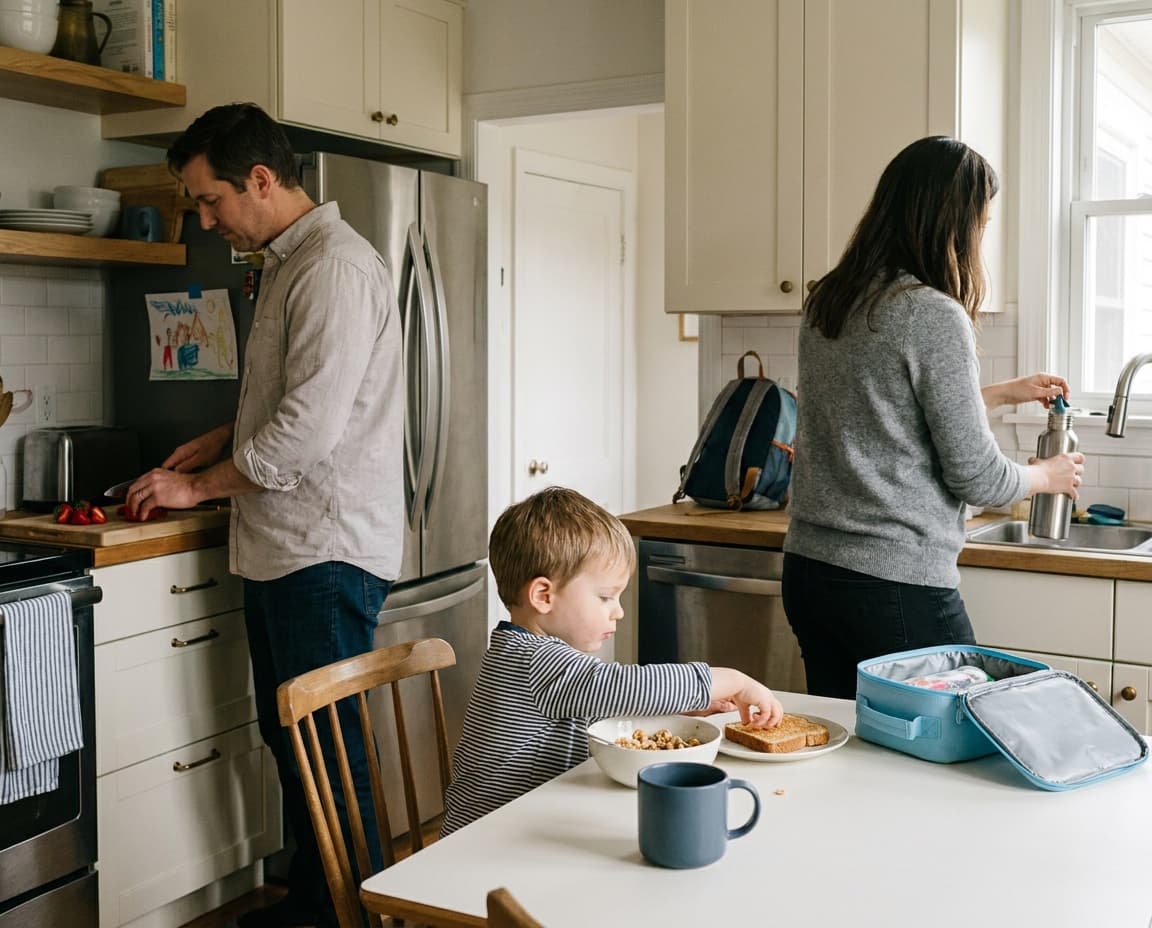 A father slicing strawberries and a mother filling a water bottle in a bright kitchen while their young son eats breakfast at the table.